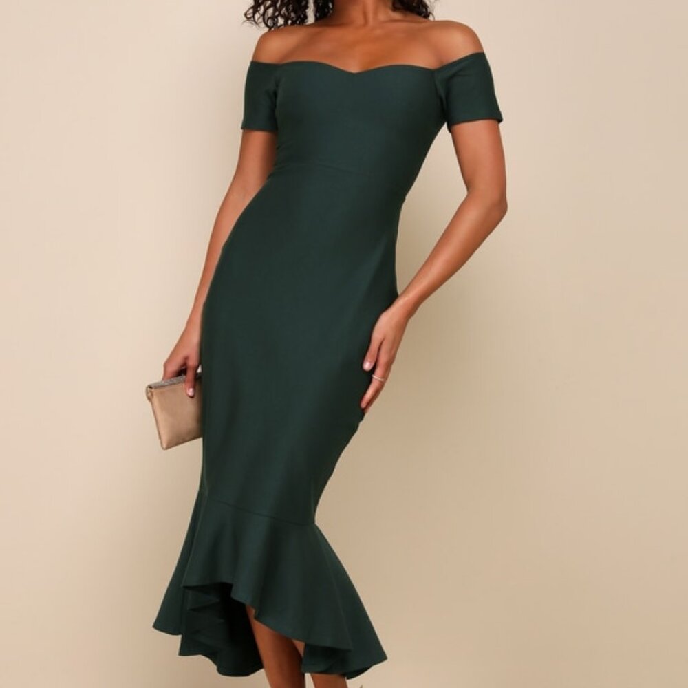 Lulus How Much I Care Dark Green Off-the-shoulder Midi Dress - Size L
